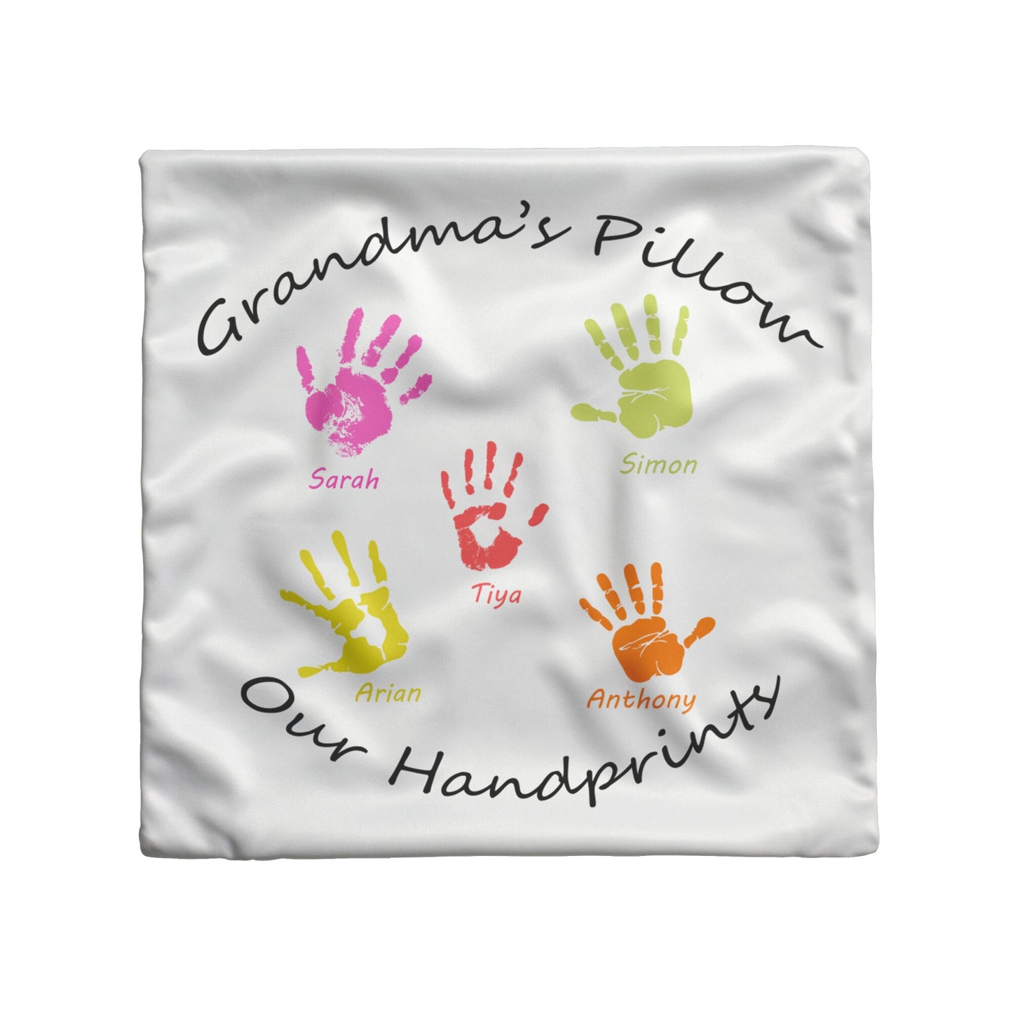 Pillow cover with handprints and names of kids