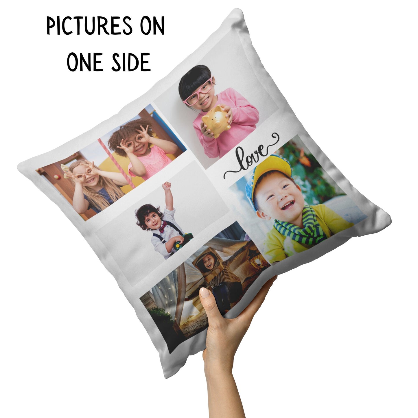 pictures on one side of pillow and handprints on the other side