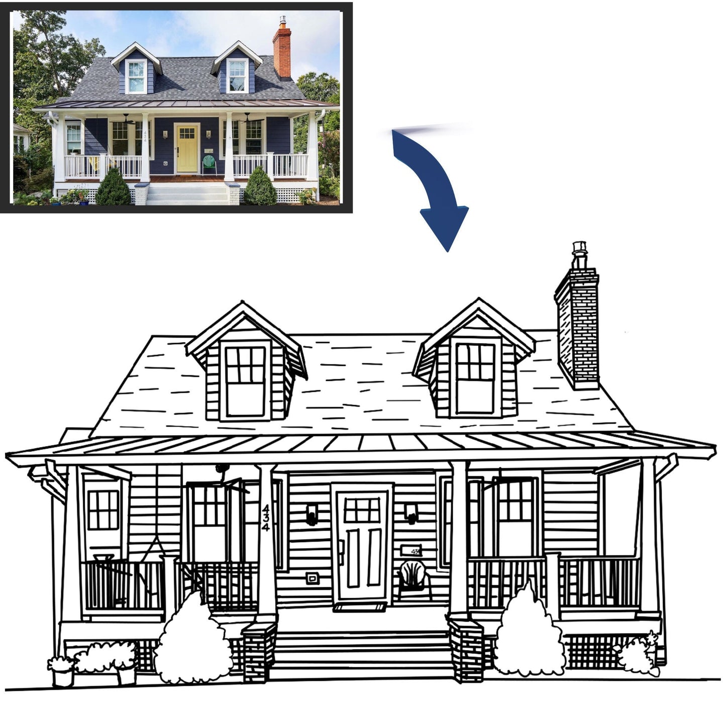Custom Line Art Drawing of House
