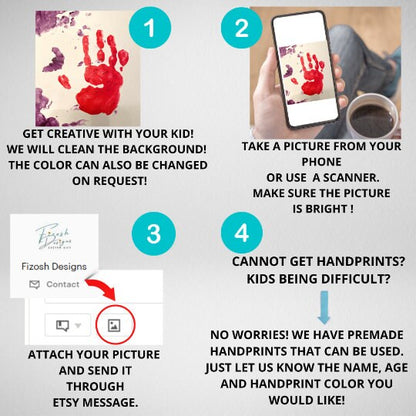 Upload Kids Handprint, we will clean and Print on Pillow