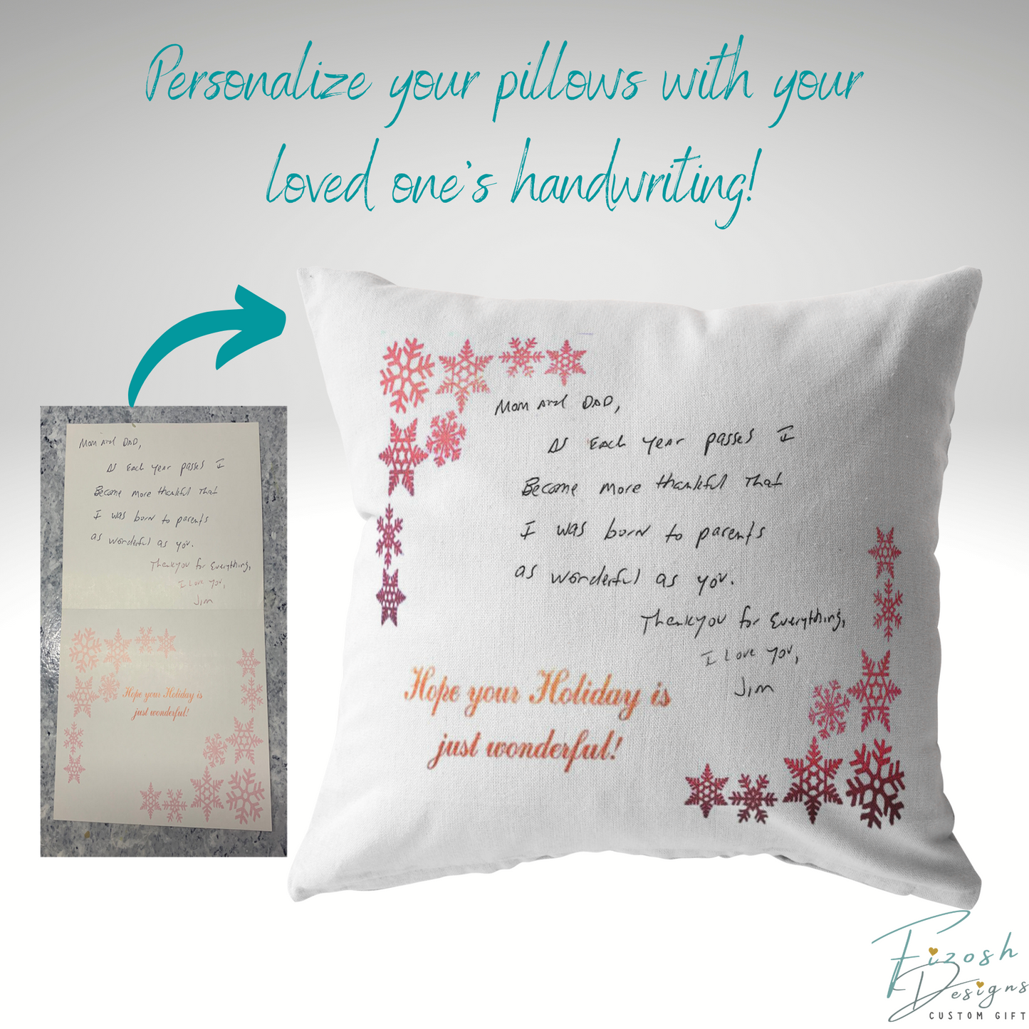 Handwritten letter pillow with insert